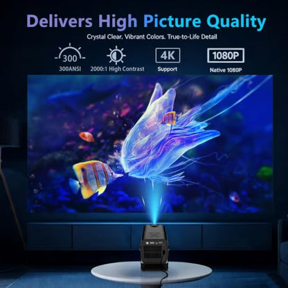 Native 1080P Mini Projector with WiFi and Bluetooth, Portable Projector | 4K Support, 300 ANSI, Auto Keystone, 5W Speaker, Built-in Apps 180° Rotatable Window Movie Projector for Bedroom Outdoor