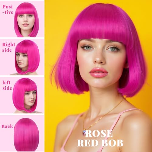 LIULIUBTY Short Bob Hair Wigs Straight with Flat Bangs Synthetic Colorful Cosplay Daily Party Neon Wig for Women with Wig Cap 12" Natural As Real (Hot Pink B) - color: Hot Pink B