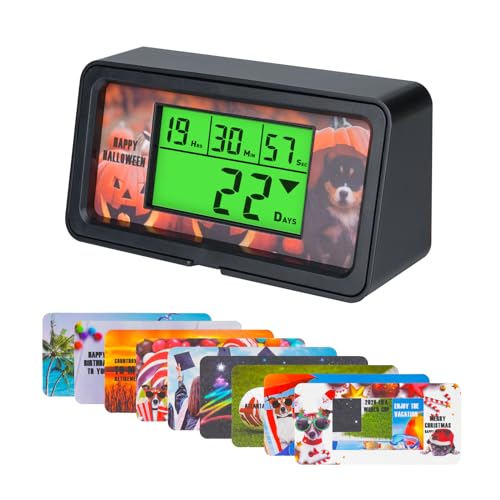 9999-Day Countdown Clock with 10 Cards for Wedding and Vacation | Shows total days, hours, minutes and seconds; 10 swappable paper themes, magnetic frame, 12/24-hour clock, 1-minute alert - color: Black Case, Green Light