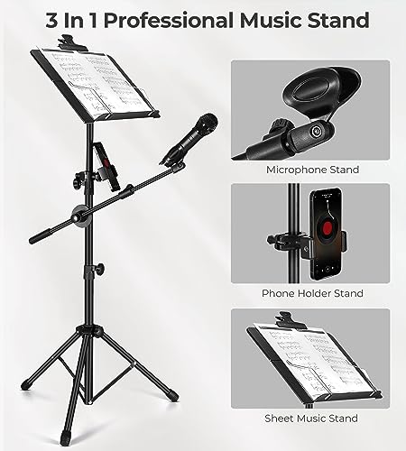 Music Stand, Vangoa Folding Sheet Music Stand with Detachable Microphone Stand & Phone Holder, Portable Lightweight with Music Sheet Clip Holder & Carrying Bag for Instrumental Performance - size: Music Stand + Microphone Stand