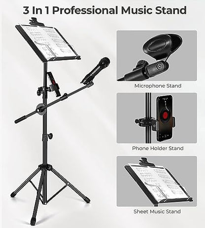 Music Stand, Vangoa Folding Sheet Music Stand with Detachable Microphone Stand & Phone Holder, Portable Lightweight with Music Sheet Clip Holder & Carrying Bag for Instrumental Performance - size: Music Stand + Microphone Stand