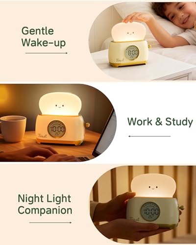 Alarm Clock for Kids, Cute Toast Night Light Alarm Clocks for Bedrooms, Dimming Rechargeable Small Led Desk Clock with Snooze & Countdown for Room Decor, Bedside Clock for Teen Girls Boys