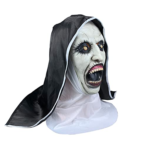 Scary Nun Mask, Latex Nightmare Masks with Scraf Halloween Scream Women Nun's Costume Conjuring Full Head Headwear Party Props
