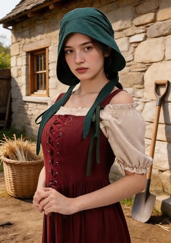 DAZCOS Renaissance Coif Cap Medieval Peasant Amish Hat Colonial Bonnet with Ties for Women for LARP - color: Green