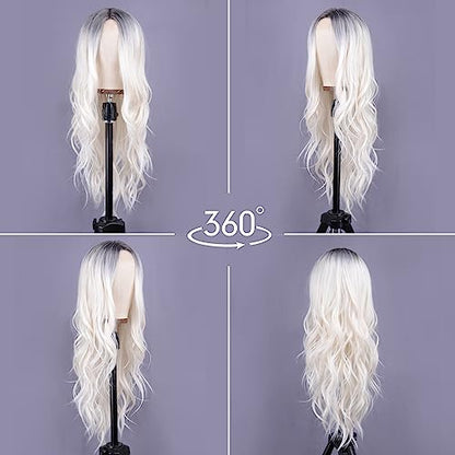 Aida ble Long Wavy White Wig for Women 26inch Middle Part Synthetic Wig | Natural Looking Heat Resistant Hair,Suitable for Daily Wear,Party,Halloween and Cosplay,Beginner-friendly Wig - color: White