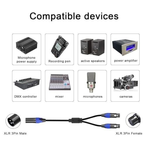 (5 FT- 2 Pack) XLR Splitter Cable, 1 Male to 2 Female XLR Y Splitter Micrphone Cable, 3pin Male to Dual Female Y-Splitter Balanced Mic Audio Cables for Stereo Mic to L & R Audio Track - size: 5 ft-2Pack