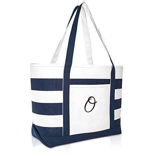 DALIX Premium Beach Bags Striped Navy Blue Zippered Tote Bag Monogrammed A - Z - color: O