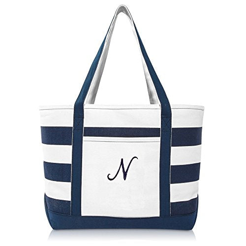 DALIX Premium Beach Bags Striped Navy Blue Zippered Tote Bag Monogrammed A - Z - color: N