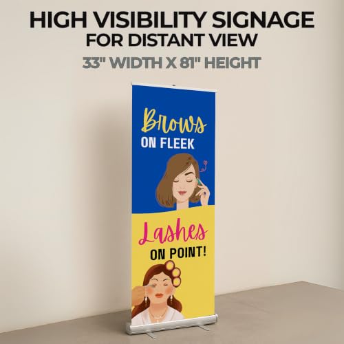 Lashes & Brows Retractable Stand Banner by DC | 33"x81" Roll-Up Display | Brows on Fleek Lashes on Point Vertical Pull-Up Banner for Trade Shows & Events | Made in USA | (Stand Not Included) - color: Brows on Fleek Lashes on Point, size: Retractable Banne