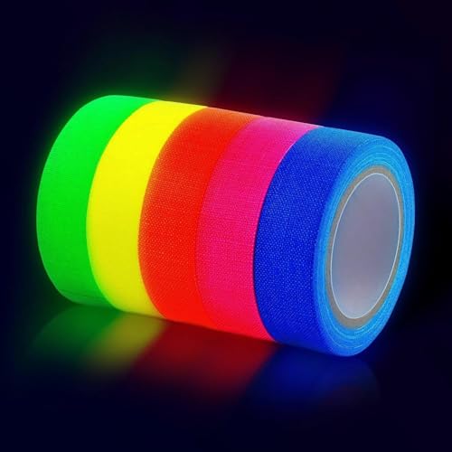 VIKROM 5 Pack Black Light Tape, UV Reactive Neon Tape, 16 Ft x 0.5 in Rolls | Green, Red, Yellow, Pink, Blue Colors Glow Under Blacklights - for Parties, Dance Floors, Stage Sets, and DIY Wall Accents