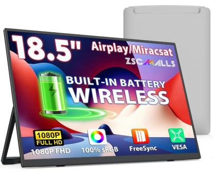 18.5" True Wireless Portable Monitor, 1080P FHD, 10000mAh Battery, Wireless Screen Mirroring (AirPlay/Miracast), Auto Rotation for Phone/Tablet, USB‑C & Mini HDMI, VESA, Protective Sleeve Included - size: 18.5"