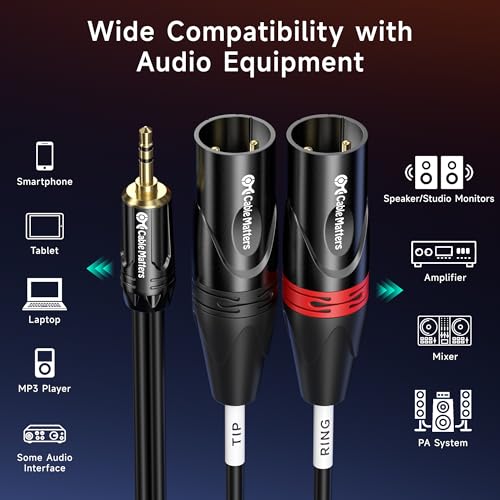 Cable Matters 3.5mm TRS to 2 XLR Cable, Male to Male, 3ft | 1/8 Inch TRS, Aux to Dual XLR Male Breakout Cable - size: 3 ft