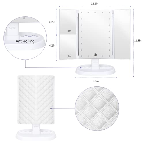 deweisn Trifold Lighted Vanity Makeup Mirror with 21 LEDs Lights,1x/2x/3x Magnification and Touch Screen Dimming,Two Power Supplies Makeup Mirror, Gift for Women - color: White