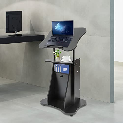 Mobile Laptop Podium, Height Adjustable Sit to Stand Desk with Tilting Desktop & Storage Cabinet, Ergonomic Rolling Lectern Cart Laptop Desk, Office Podium Stand on Wheels (1 Set: with Sliding Door)