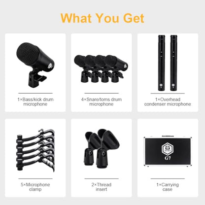 W IN-MIX G7 7-Piece Drum Mic Kit – All-Metal Construction with XLR Outputs, Dynamic Mics for Kick, Snare, Toms & Condenser Overheads for Studio Recording & Live Performance