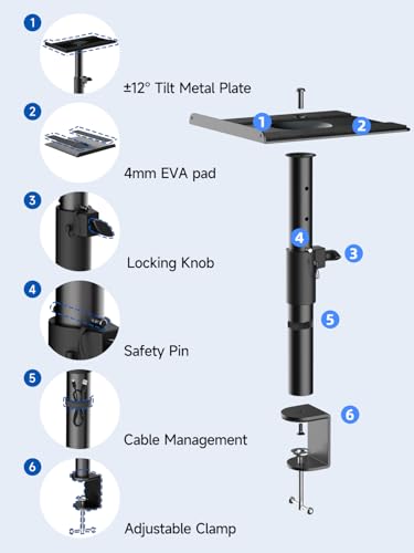 suptek Clamp-on Speaker Stand Desk Mount Set, Height Adjustment, ±12° Tilt, Swivel, 9.6 x 8.8 inch Trays, Universal Audio Holders for Bookshelf Speakers, Elevated Sound, 2 Pack, Black, SDM001GTB - size: Tilt Speaker Stands