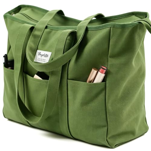 Bagelite Extra Large Canvas Tote Bag for Women Men, Utility Work Bags with Zipper - color: Olive