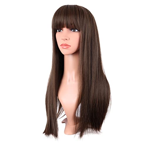 MapofBeauty 24 Inch Long Straight Flat Bangs Party Cosplay Wig, Brown | 60 cm Synthetic Hair Wig, Heat Resistant, Women - color: Brown