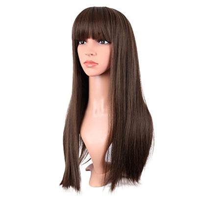 MapofBeauty 24 Inch Long Straight Flat Bangs Party Cosplay Wig, Brown | 60 cm Synthetic Hair Wig, Heat Resistant, Women - color: Brown