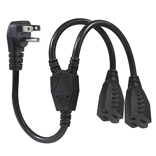 Power Cord Extension Y Splitter - 1 to 2 Way Outlet Adapter NEMA 5-15P 90-Degree Flat Plug to 2 X NEMA 5-15R with SJT 16AWG 3-Prong Cable Wire Extender Space Saver for Kitchen Home Office - size: 1FT 1-Pack