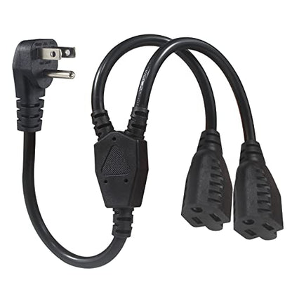 Power Cord Extension Y Splitter - 1 to 2 Way Outlet Adapter NEMA 5-15P 90-Degree Flat Plug to 2 X NEMA 5-15R with SJT 16AWG 3-Prong Cable Wire Extender Space Saver for Kitchen Home Office - size: 1FT 1-Pack