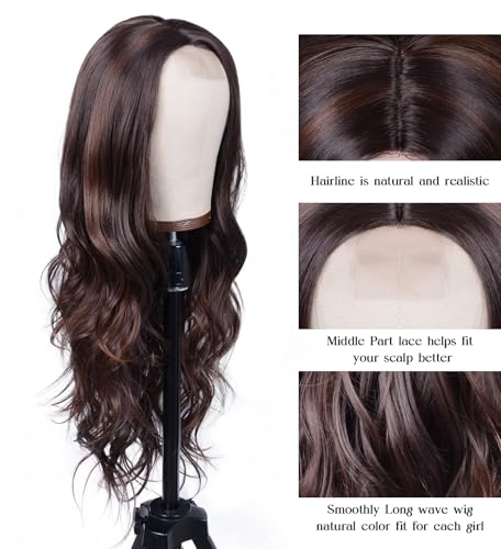 Aida ble Long Wavy Dark Brown Mix Blonde Highlight Wig for Women 26inch | Natural Looking Synthetic Hair,Suitable for Daily Wear,Party,Halloween and Cosplay,Beginner-friendly,Lightweight and soft - color: Dark Brown Mixed Blonde Highlight