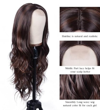 Aida ble Long Wavy Dark Brown Mix Blonde Highlight Wig for Women 26inch | Natural Looking Synthetic Hair,Suitable for Daily Wear,Party,Halloween and Cosplay,Beginner-friendly,Lightweight and soft - color: Dark Brown Mixed Blonde Highlight
