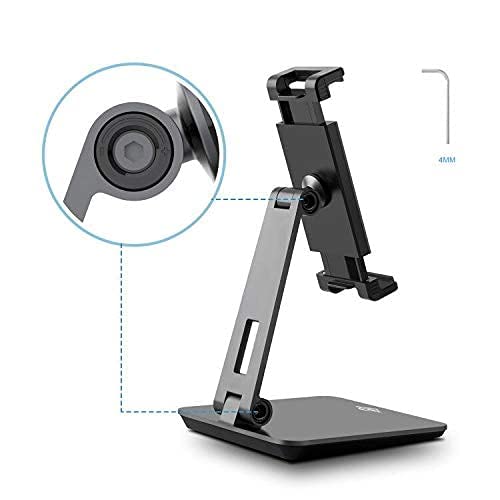 KABCON Tablet Stand,Tightness Adjustable Aluminum Alloy Tablet Stand for Desk, 360° Swivel Foldable Tablets Stands Dock for 4''-14''Tablets/Phone, iPad Series,Samsung Galaxy Tabs,Kindle Fire,Etc. - color: Grey