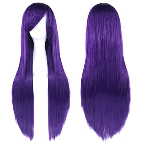 80cm Long Straight Natural Hair Cosplay Wigs with Bangs Colorful Halloween Costume Party Wig for Women (Dark Purple) - color: Dark Purple