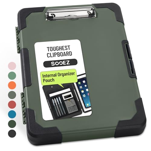 Sooez Toughest Clipboard with Storage, Internal Pen Pouch Included, Letter/ A4 Size, Shockproof Heavy Duty Plastic Clip Boards 8.5x11”, High Capacity Clipboards Box Case for Contractor Trucker Driver - color: Gray Green With Black Corner
