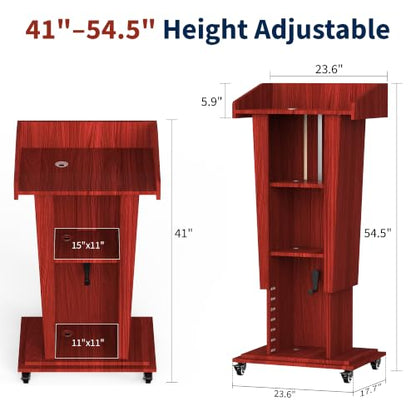 MOOFI Height Adjustable Wooden Podium Lectern with Wheels, Mobile Rolling Presentation Stand with Storage Shelves, Teacher Podium for Classroom, Church, Office and Conference Room (Cherry) - color: Cherry