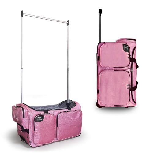 Travolution NEW Glittering Dance Bag with Garment Rack, 23 Inch Rolling Duffel With Wheels, Ideal for Competitions & Travel, Easy-assembly Lightweight Aluminum Clothes Rack (Glitter Pink) - color: Glitter Pink 23"