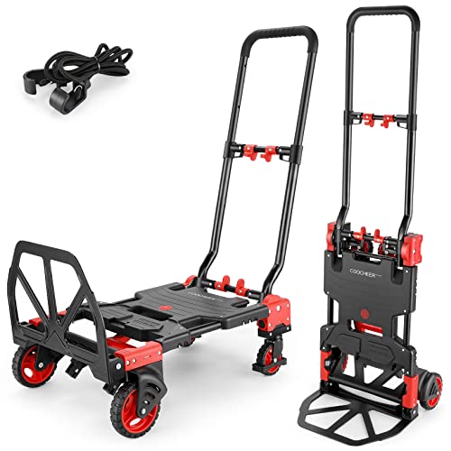 Folding Hand Truck Dolly, 330lb Convertible 4 to 2 Wheel Moving Cart, Red | Dolly Cart with Retractable, Aluminum Alloy & Cast Iron Build, Nylon Wheels,Compact Fold,for Moving,Office,Delivery,Outdoor - size: 330LB