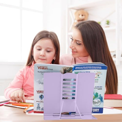 Honagu Book Stand Metal Desk Book Holder, Book Holders for Reading Hands Free, Adjustable Cookbook Documents Holder, Portable Bookstand for Music Books, Textbook, Recipe, Tablet, Ipad (Light Purple) - color: Light Purple