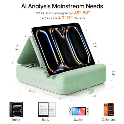 Tablet Pillow Stand with Storage, Foldable iPad Holder for Lep, Bed, Sofa, and Desk - Soft Pad Dock with Pocket and Stylus Mount Compatible with 4-13" iPad Pro/Air/Mini, Galaxy Tab, Kindle - color: Green