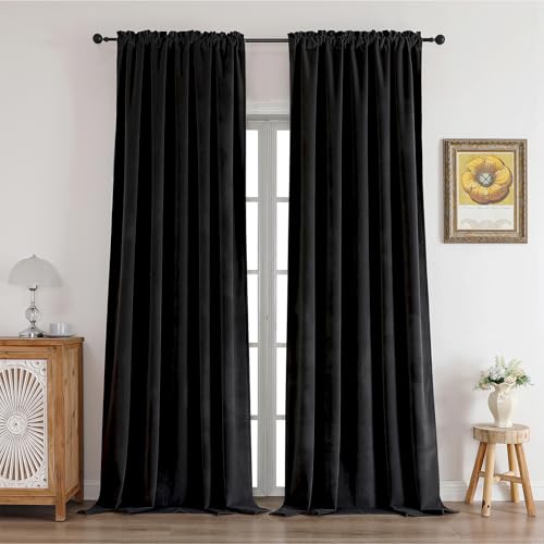 CUCRAF Black Velvet 100% Blackout Curtains 72 inches Long, Thermal Insulated, Noise Reducing Rod Pocket Luxury Drapes for Bedroom Living Room(52x72 inches, 2 Panels) - color: Black, size: 52"W x 72"L (Pack of 2)