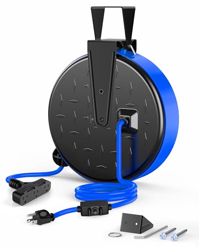 DEWENWILS Retractable Extension Cord Reel, Metal Reel with 30FT Power Cord - color: Black/Blue--blue Cord