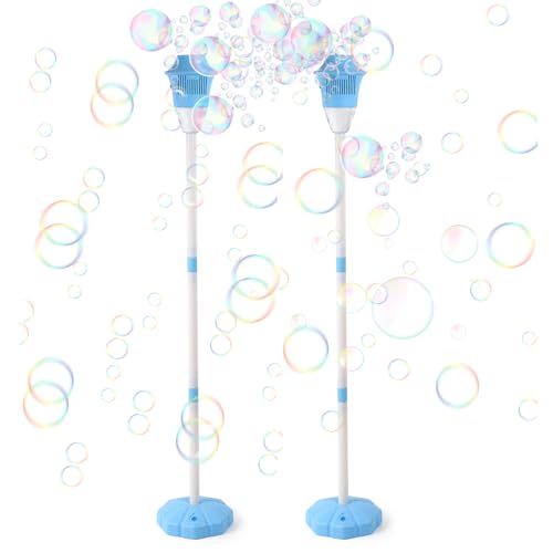 Palksky Bubble Machine with Lights for Outdoor - 2Pack, Height 47 Inches Bubbles Blower Maker for Kids Toddlers, Battery Automatic Bubbles Blower Maker for Outdoor/Indoor Wedding Birthday Party - style: Bule Stand Bubble Machine 2PCS