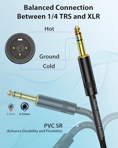 AA AUDIO ACCESSORY XLR Male to 1/4 Cable with XLR Female to Female Adapter Bundle, Rean Connectors from Neutrik, Kevlar-Reinforced Nylon Braided TRS Cable, Balanced Quarter Inch Cord, 6ft, OFC - size: 6ft, style: XLR Male to 1/4 & XLR Adapter