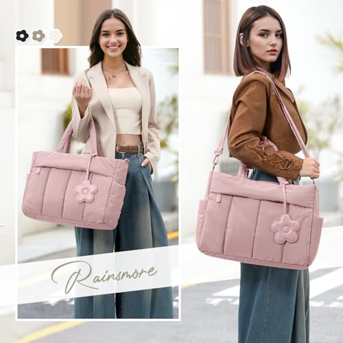 RAINSMORE Laptop Tote Bag for Women Puffer Work Bag Quilted Travel Bags - color: Pink