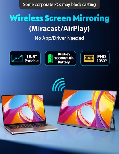 18.5" True Wireless Portable Monitor, 1080P FHD, 10000mAh Battery, Wireless Screen Mirroring (AirPlay/Miracast), Auto Rotation for Phone/Tablet, USB‑C & Mini HDMI, VESA, Protective Sleeve Included - size: 18.5"