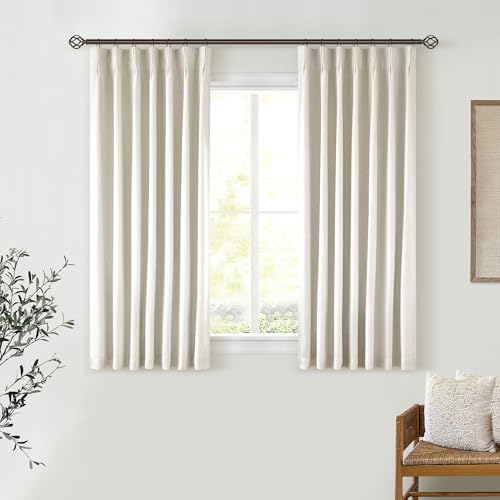 Cream Pleated 100% Blackout Linen Short 45 Inch Curtains 2 Layers Natural - color: Natural Linen, size: 40"W x 45"L (Pack of 2)