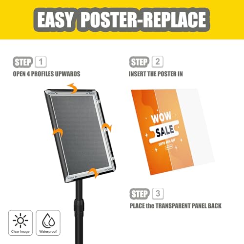QISHENG - 2 Pack Sign Holder Stand, 8.5x11" Adjustable Floor-Standing Poster Sign Stand, 360°Rotation Aluminum Snap-Open Frame Display for Commercial Malls / Schools / Restaurants Advertising, Outdoor&Indoor