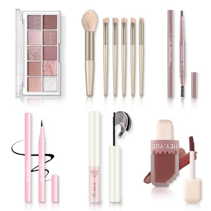 All in One Makeup Kit - Set for Women, Girls & Teens, Include 10 Colors Eyeshadow Palette, Lip Gloss, Eyebrow Eyeliner Pencil, Waterproof Mascara, 6 Pcs Brushes (Pink Kits) - color: 10-Pink