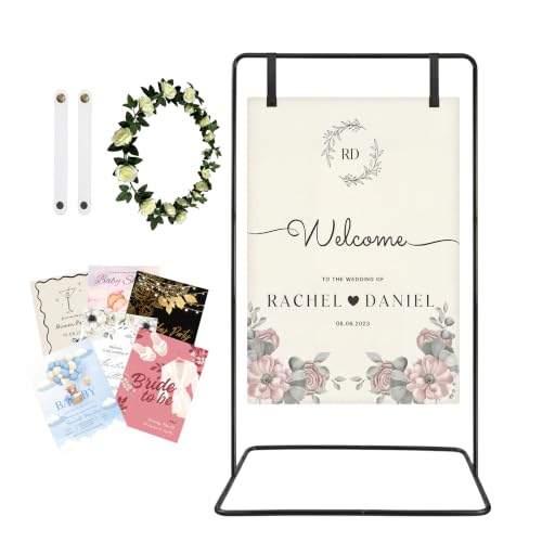 Wedding Welcome Sign Stand Fabric Banner Stand With Design Bundle Rose Vine | Cloth Linen Sign Holder Easel Stand for Sign Poster, Bridal Baby Shower With Stand Adjustable Welcome to Our Wedding , Black - color: Black
