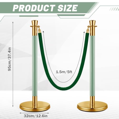 Wesiti 2 Pcs Gold Green Stainless Steel Stanchion Post Queue with Crown Top 5 ft and Velvet Rope and Poles Crowd Control Barriers Sand Injection Hollow Base and Velvet Ropes Set - color: Gold,Green