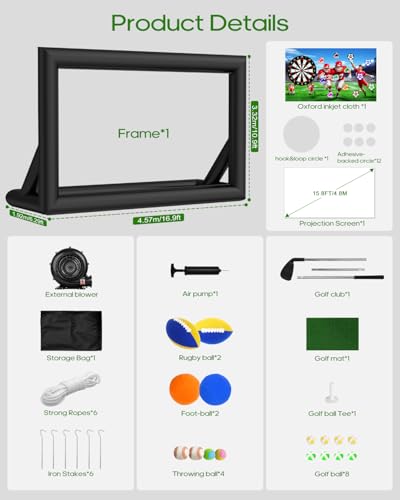 3-in-1 20FT Inflatable Projector Screen - Outdoor Movie Screen, Dart Board and Football Target with 250W Blower, Front/Rear Screen for Celebration & Outside Movie Night - size: 20FT