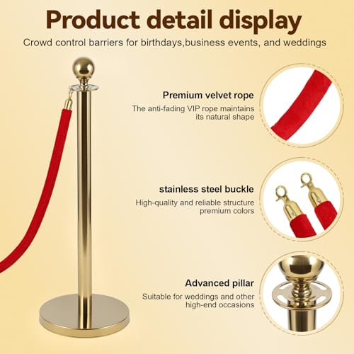 6Pcs Golden Stanchion Posts with 4 Red Velvet Ropes,Crowd Control Barriers for Birthday High-end Venues,Water/Sand/Concrete Fillable Leakproof Base,Easy to Assemble Golden