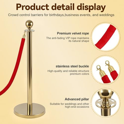 6Pcs Golden Stanchion Posts with 4 Red Velvet Ropes,Crowd Control Barriers for Birthday High-end Venues,Water/Sand/Concrete Fillable Leakproof Base,Easy to Assemble Golden