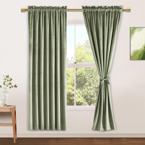 JIUZHEN Sage Green Velvet Blackout Curtains 42W x 63L 2 Panels - color: Sage Green, size: 42"W x 63"L (Pack of 2)